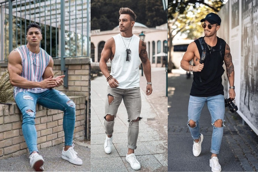 Mix quần jean rách nam cùng với áo tank top