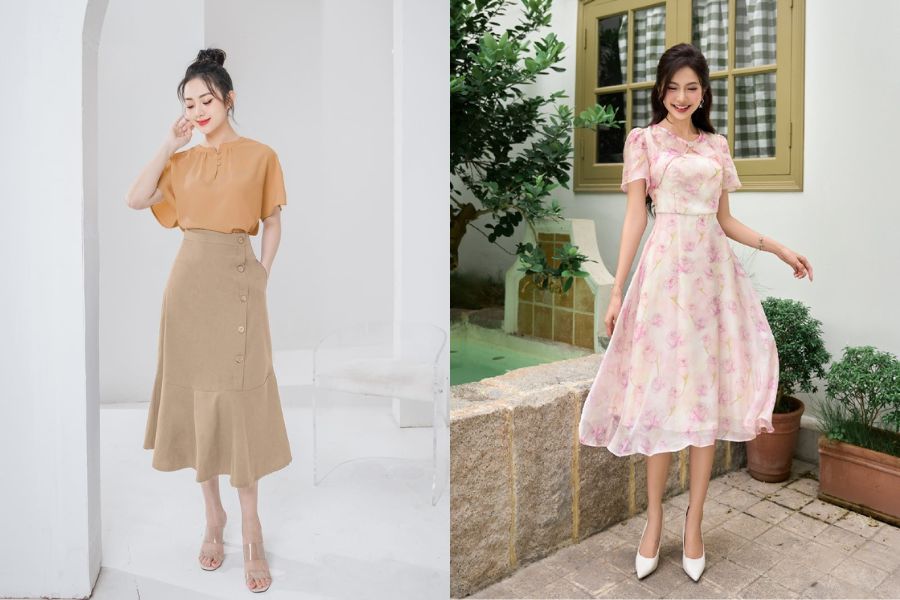 Chân váy midi dài qua gối mang giày cao gót