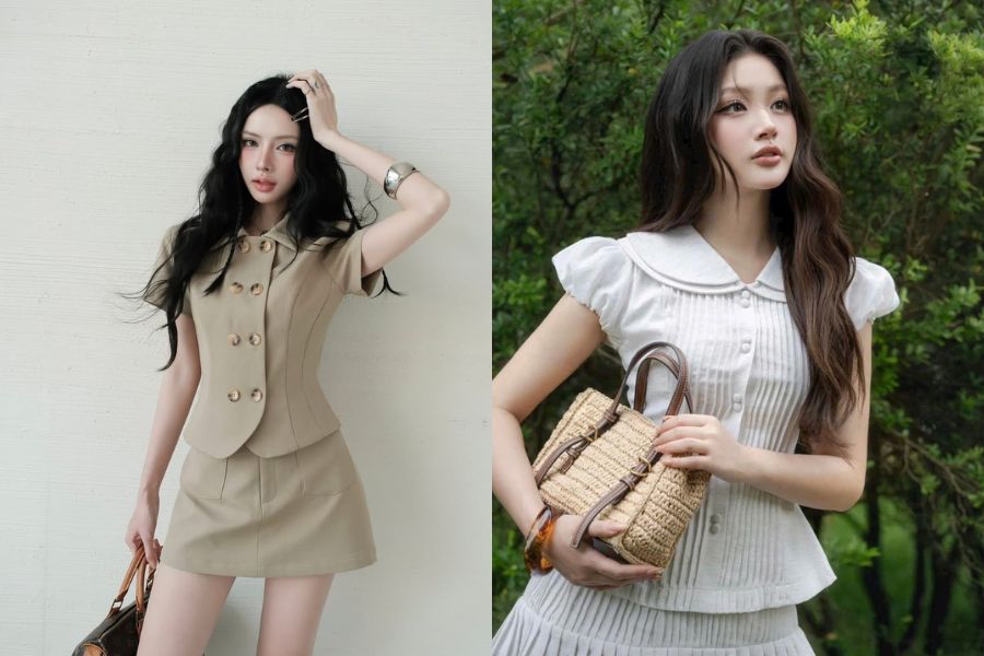 Áo kiểu chiết ben phối chân váy nữ tính