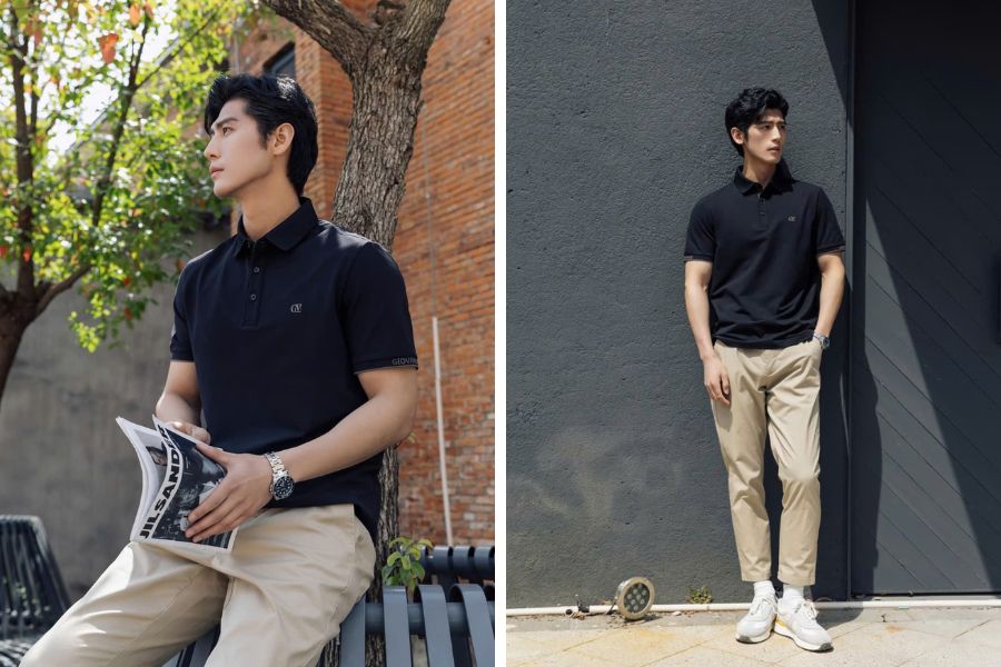 Phối áo polo tối màu và quần kaki màu be
