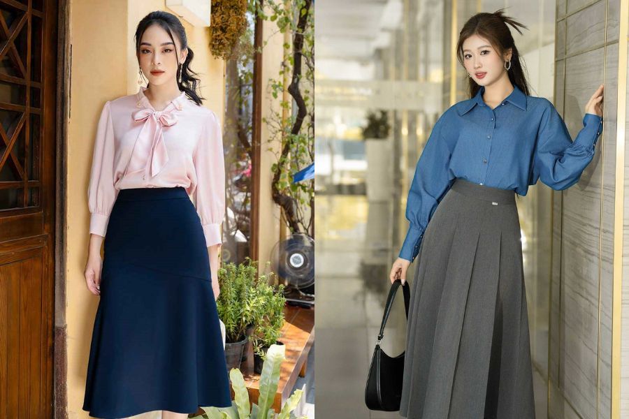 Outfit phối sơ mi lụa và chân váy dài