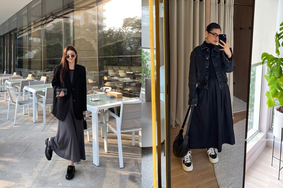 Áo khoác + đầm liền thân dáng dài