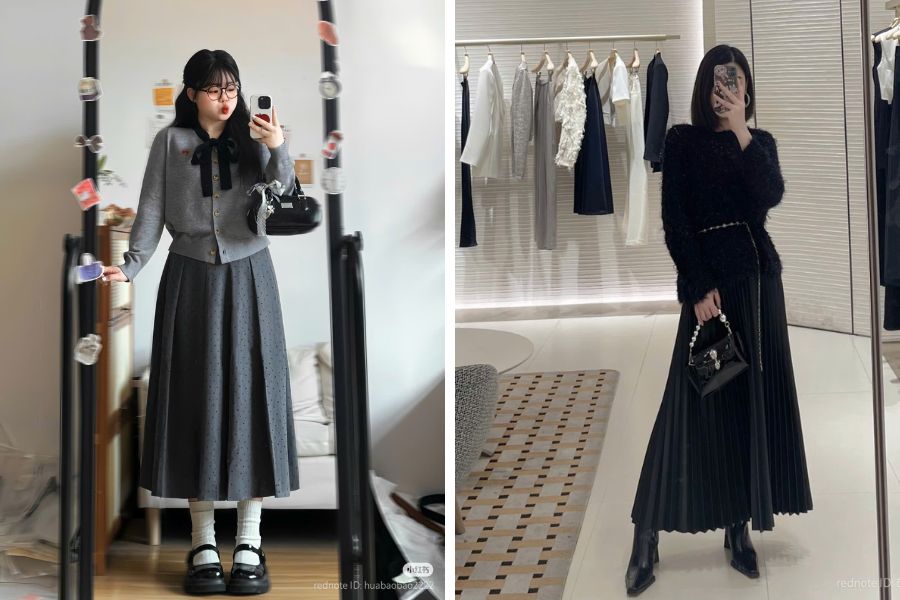 Mix áo sweater với chân váy sử dụng màu sắc đồng nhất và màu tối