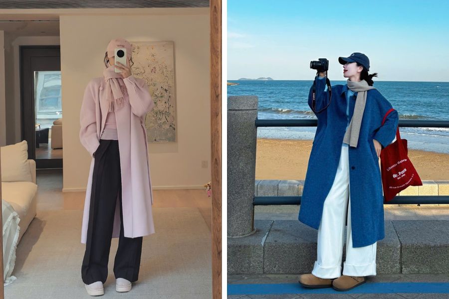 Mix áo dạ màu sắc cùng quần ống rộng basic