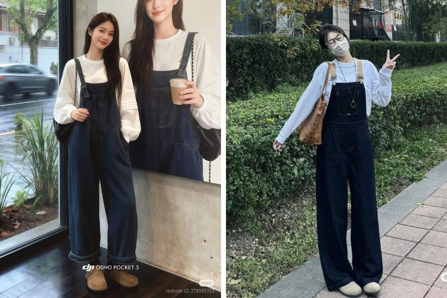 Mix quần yếm denim màu xanh navy với áo thun dài tay