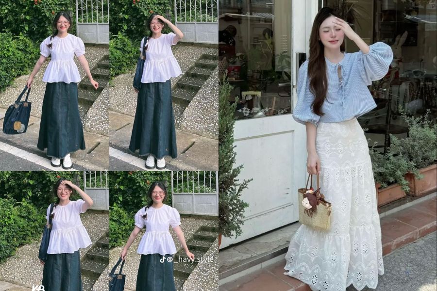 Áo babydoll mix chân váy dài