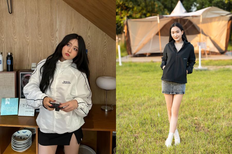 Áo khoác gió phối chân váy ngắn