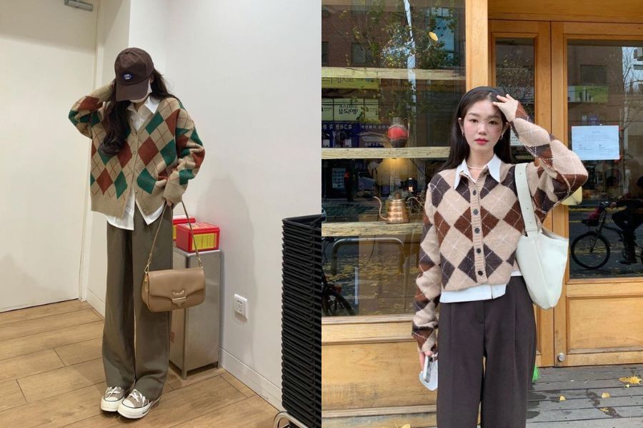 Áo len họa tiết ô kim cương cùng quần tây suông