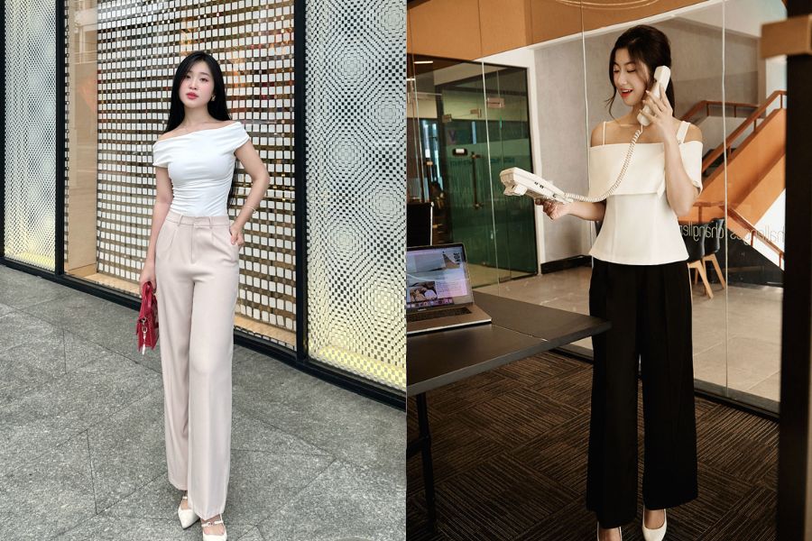 Quần tây ống suông và áo thun trễ vai