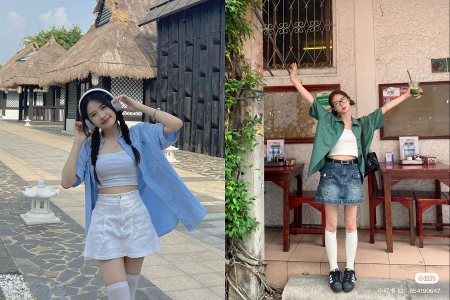 Áo sơ mi phối quần short/ chân váy A trẻ trung