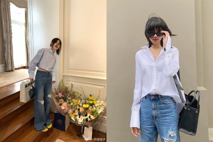Áo sơ mi và quần jeans rách bụi bặm, phá cách