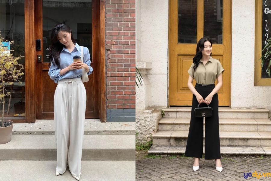 Quần ống rộng phối cùng áo sơ mi