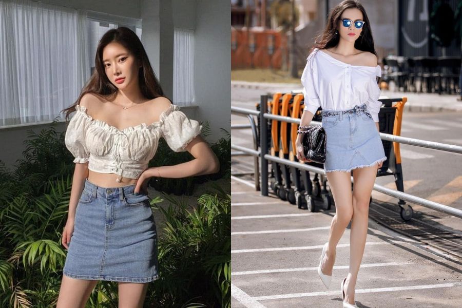 Áo trễ vai phối với chân váy ôm