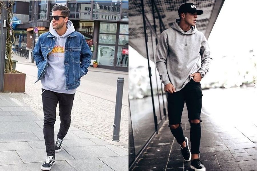 Kết hợp áo hoodie cùng quần jean zipper nam