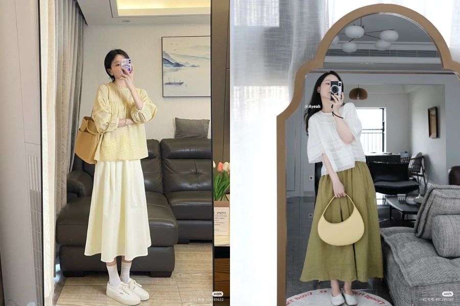 Áo sơ mi dài tay phối chân váy dài thích hợp cho tiết trời Thu Đông