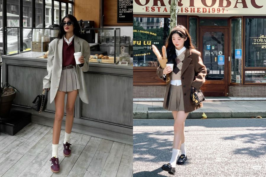 Mix áo len cổ sơ mi nữ với blazer