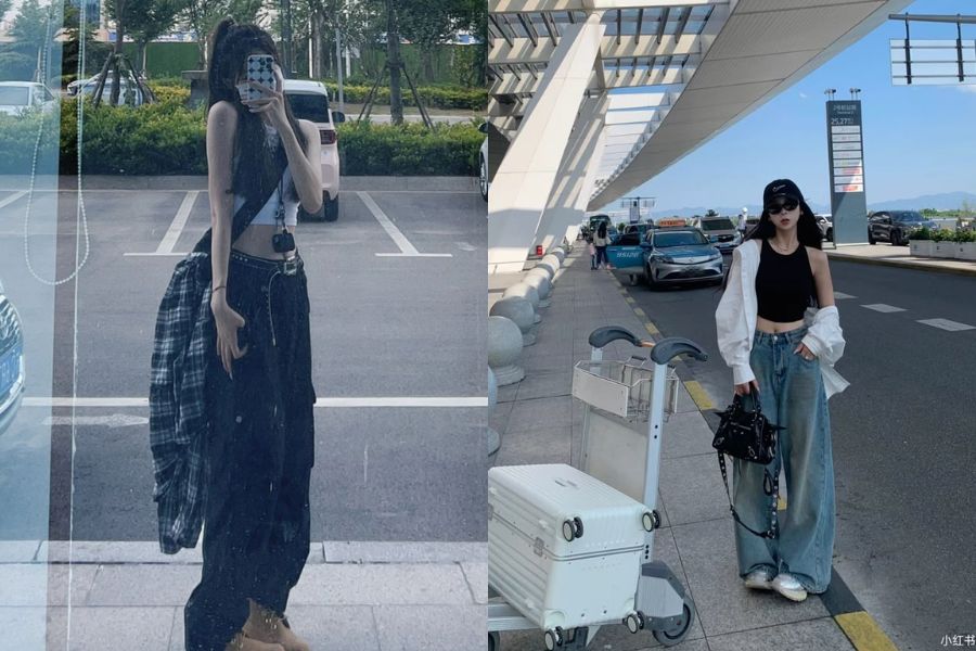 Áo croptop mix quần Jean ống rộng