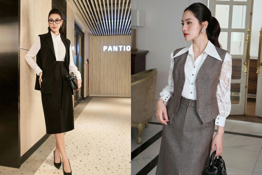 Phối áo sơ mi với gile và chân váy bút chì cùng màu