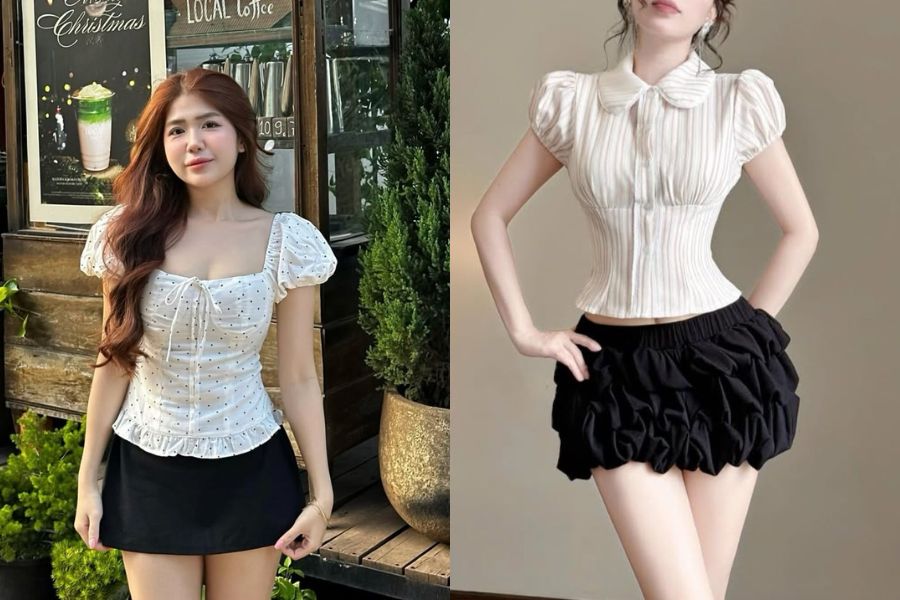 Áo kiểu tay bồng kết hợp với chân váy ôm