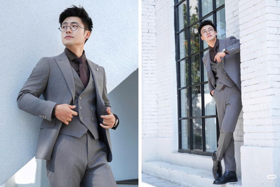 Mix áo màu nâu tối với bộ comple màu xám sang trọng