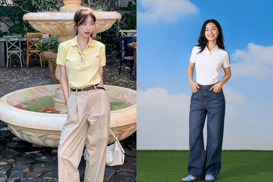 Quần ống rộng kết hợp với áo polo trẻ trung