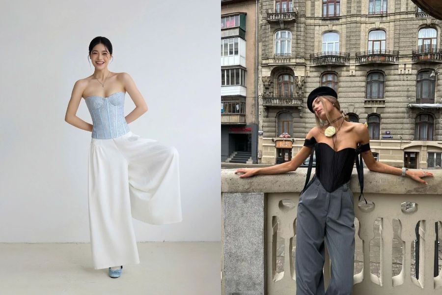 Áo corset phối quần ống rộng