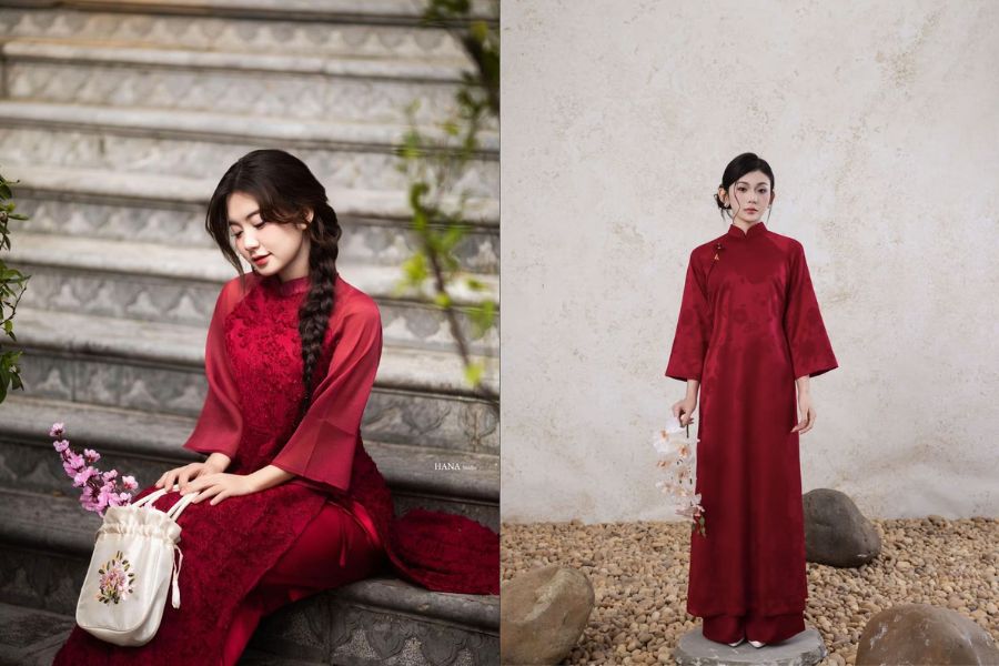 Áo dài đỏ tươi kết hợp quần đỏ đô
