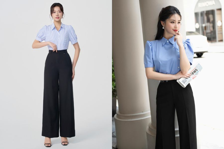 Áo sơ mi tay bồng và quần tây ống rộng thời thượng