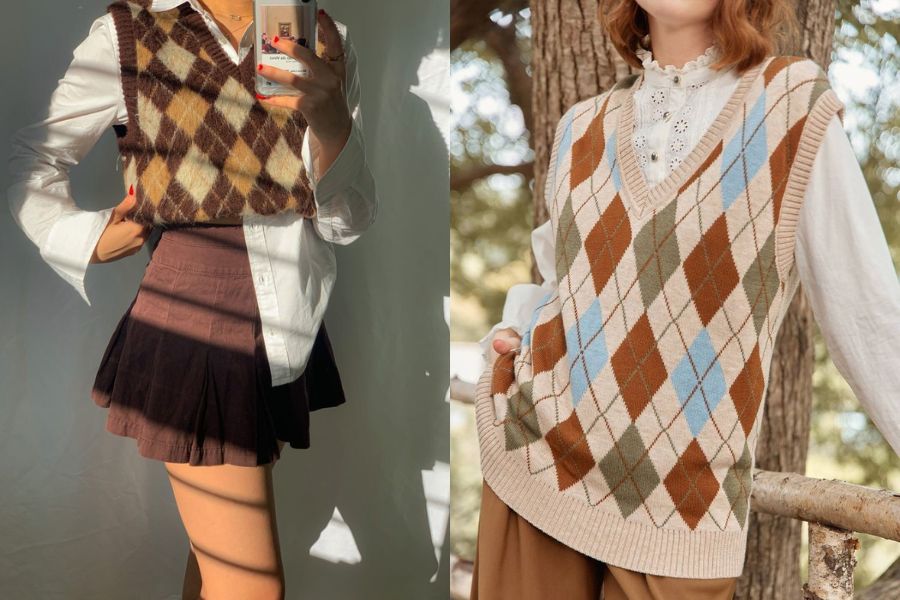 Áo gile họa tiết ô kim cương