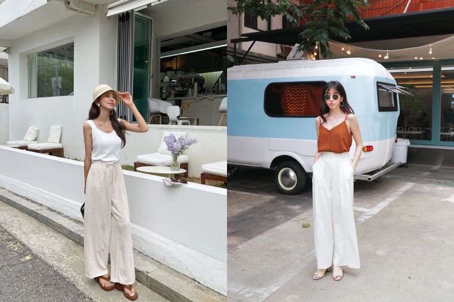 Quần linen ống rộng phối áo ba lỗ