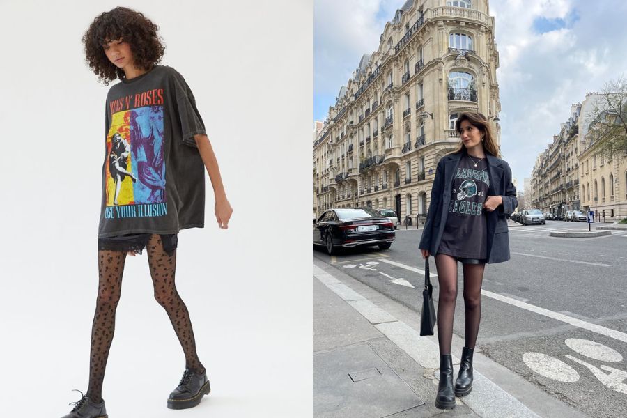 Áo phông oversize phối quần tất đen