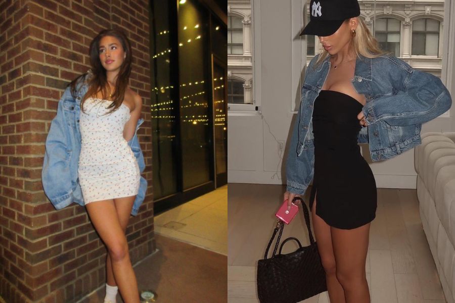 Áo khoác jean phối cùng váy ôm body sexy, quyến rũ