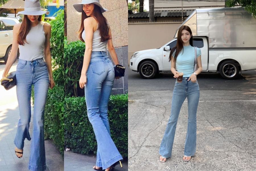 Quần Jeans ống loe mix áo thun