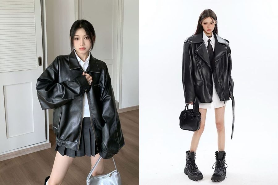 Phối áo khoác da nữ cùng áo sơ mi trắng