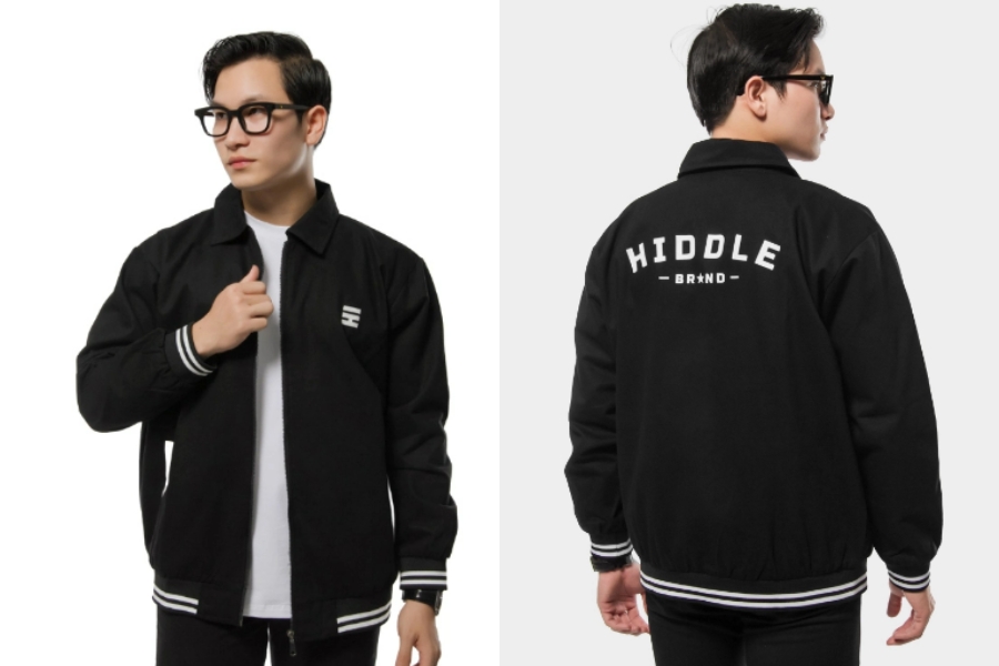 Áo khoác nam bomber Varsity cổ bẻ màu đen Hiddle