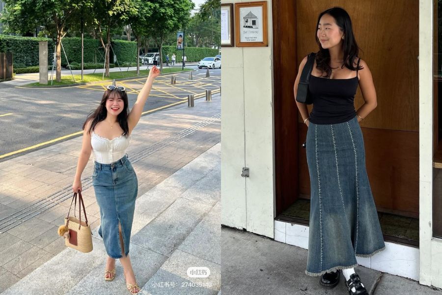 Áo 2 dây phối chân váy jean dáng dài xẻ tà trước