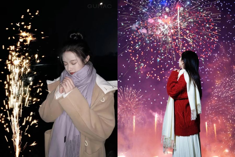 tạo dáng hai tay chắp trước ngực khi chụp ảnh pháo hoa đêm giao thừa