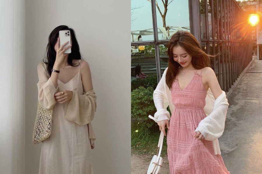 Váy hai dây dáng suông khoác sơ mi mỏng