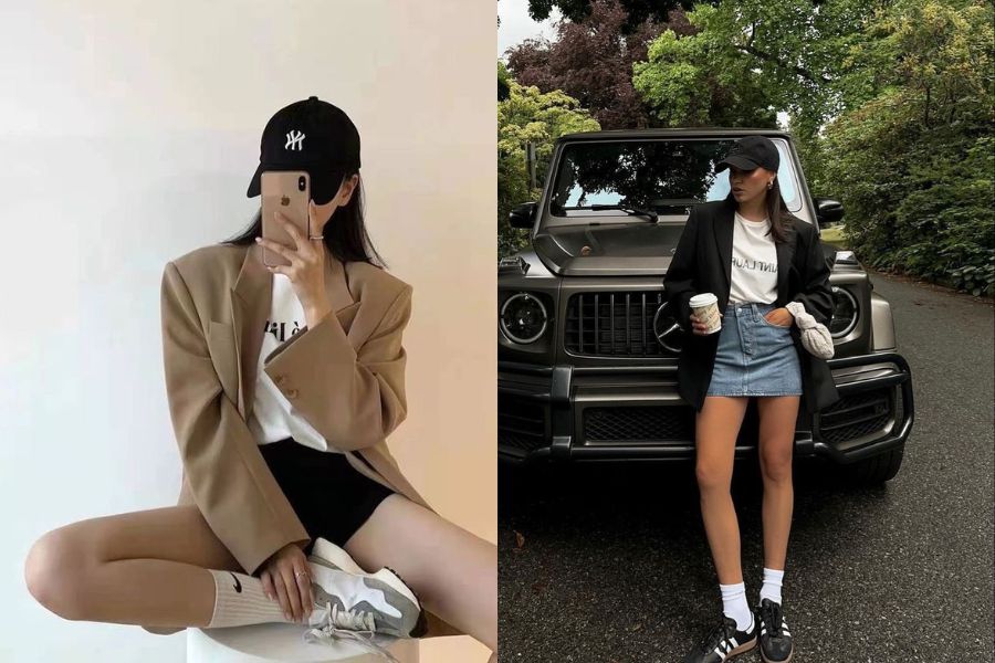 Áo blazer phối áo thun basic