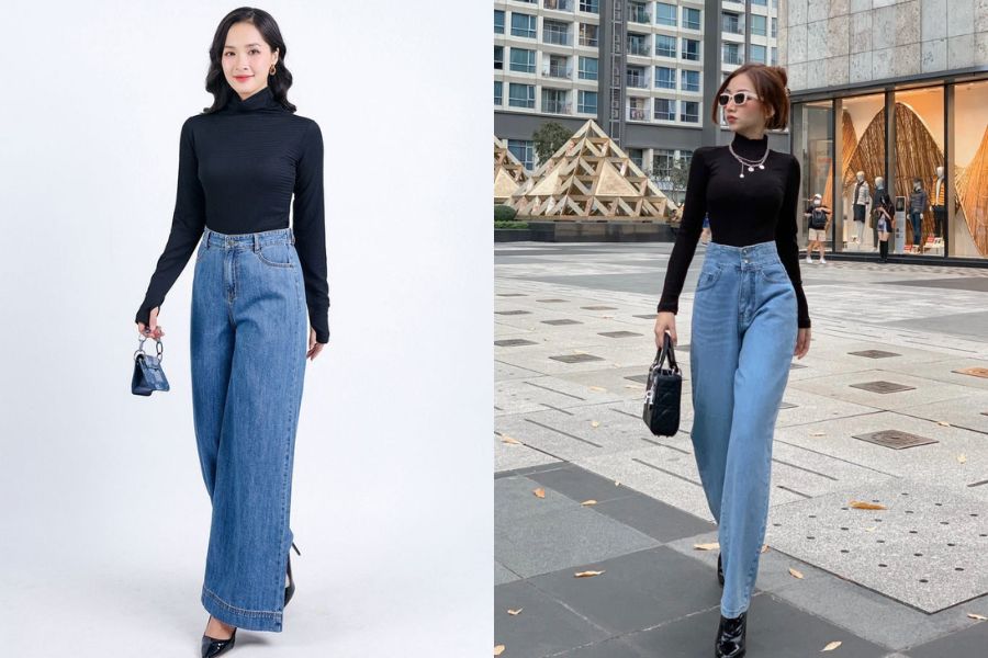 Áo giữ nhiệt cổ lọ + quần jeans ống suông