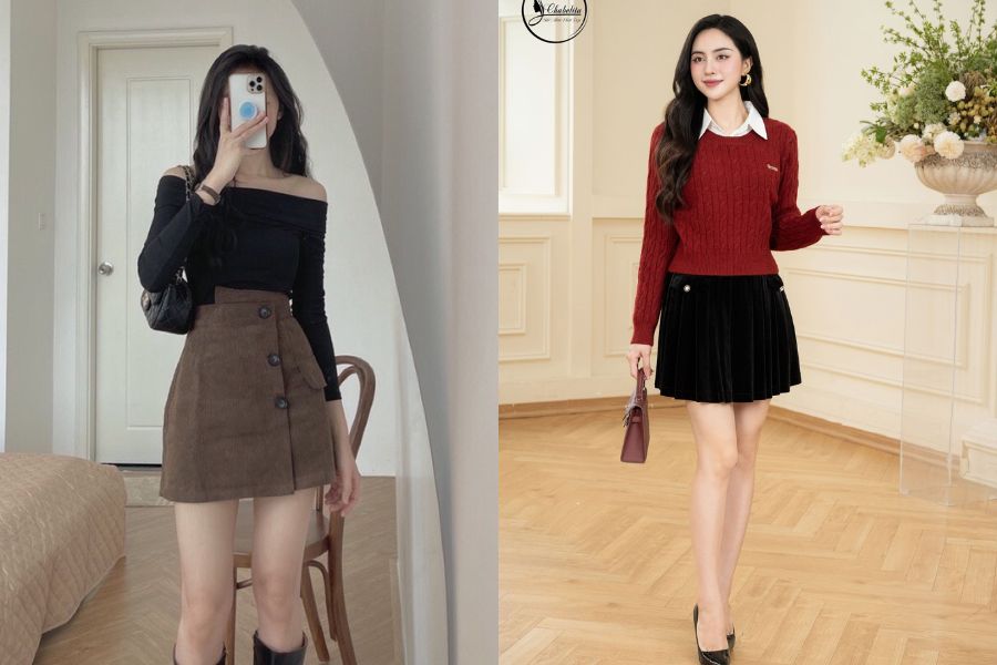 Chân váy nhung là item kinh điển cho mùa lễ hội cuối năm