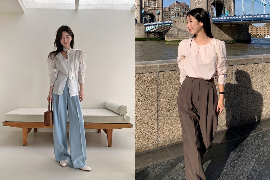 Phối quần ống rộng với áo blouse mỏng