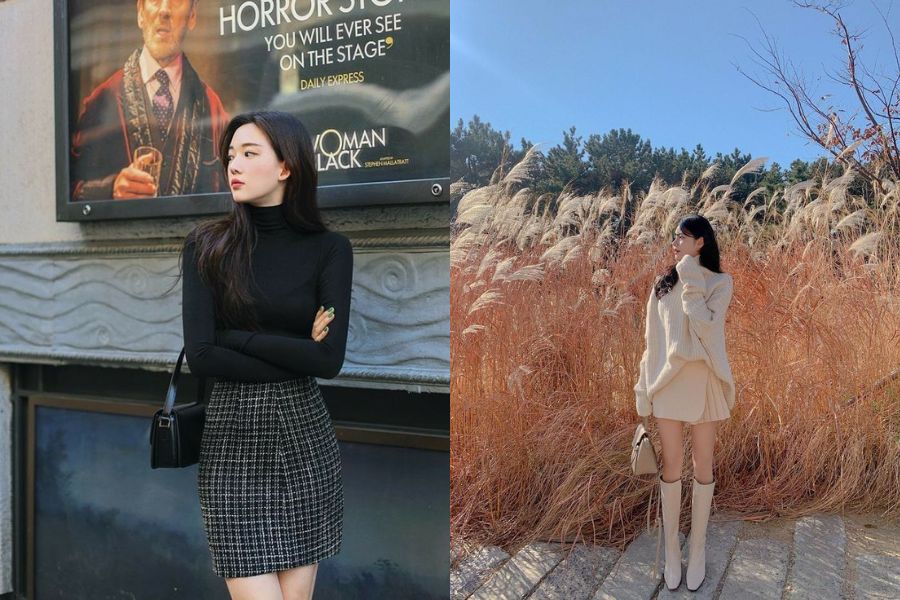 Áo len cổ lọ cùng chân váy và boots cao cổ