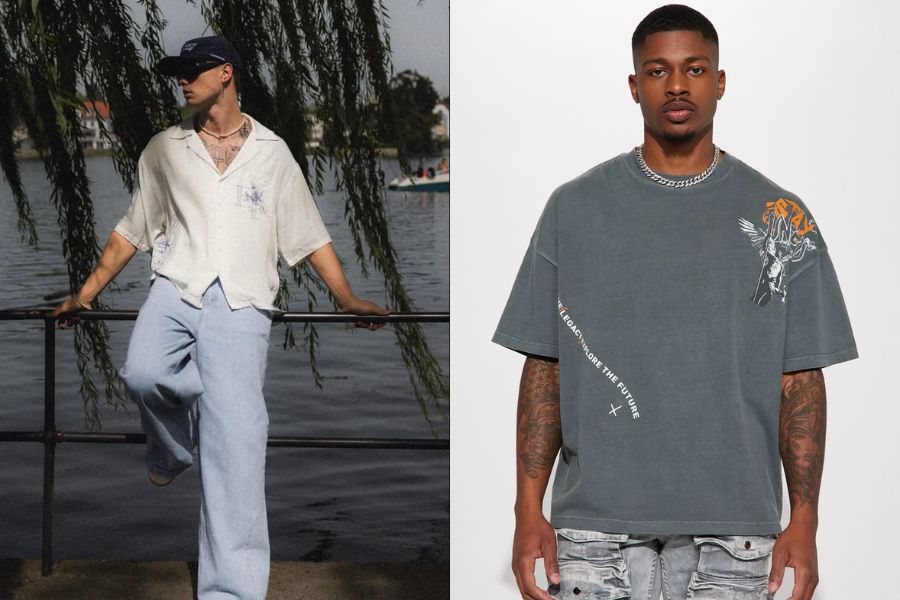 Áo thun in graphic mix quần Jeans rác