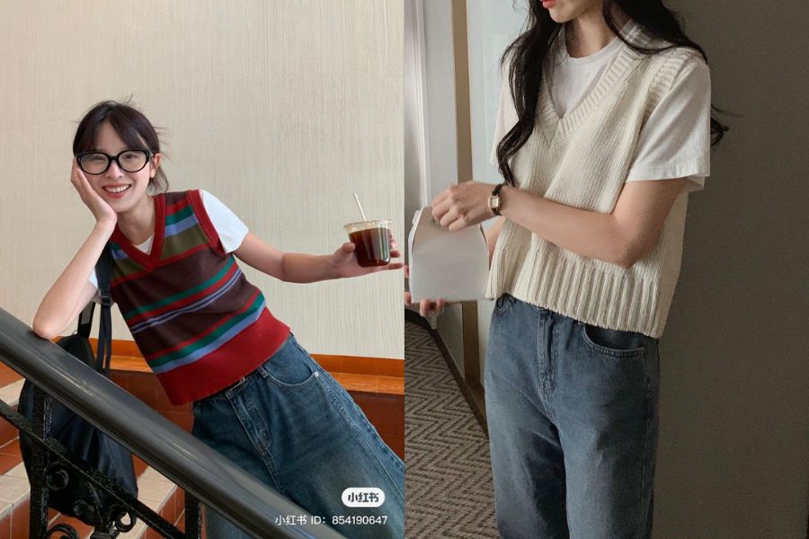 Áo gile len phối áo phông ngắn tay và quần jeans