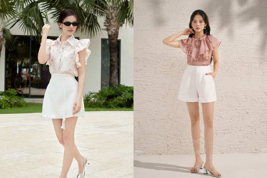 Áo hoa tay cánh tiên phối váy trắng