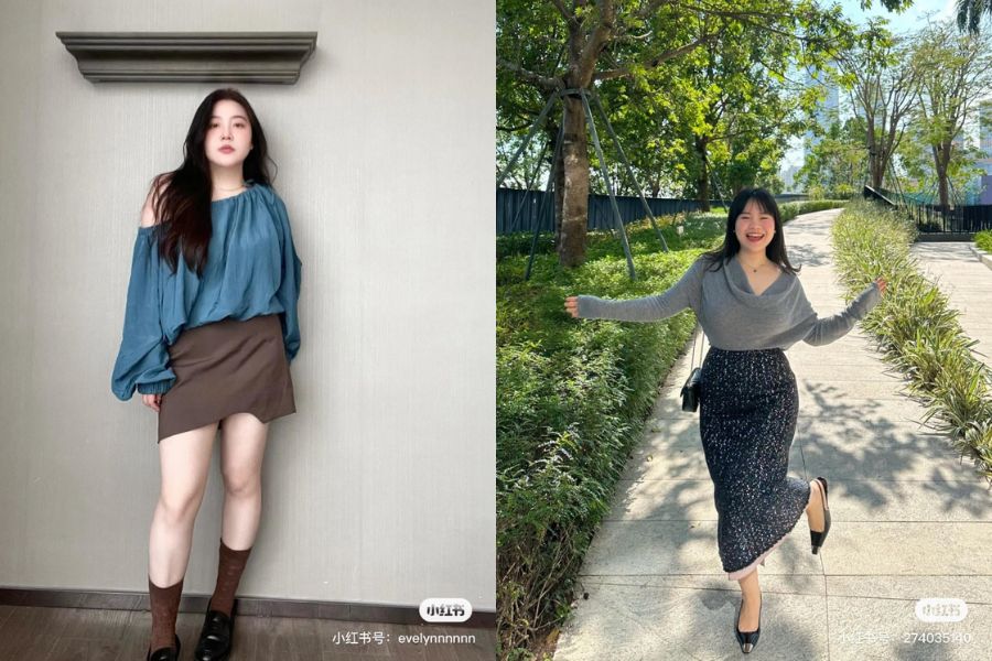 Áo lệch vai phối chân váy chữ A