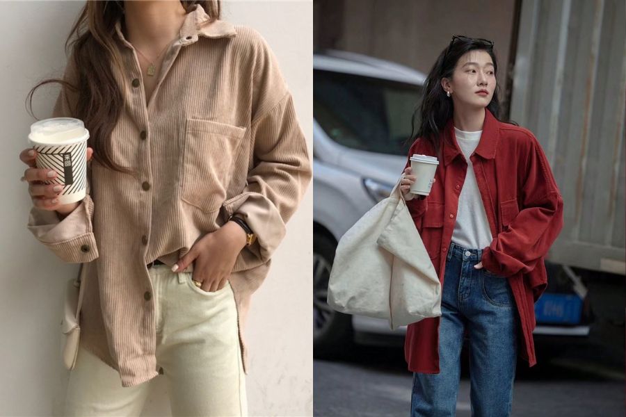 Phong cách vintage với layer sơ mi nhung tăm và quần jeans ống đứng