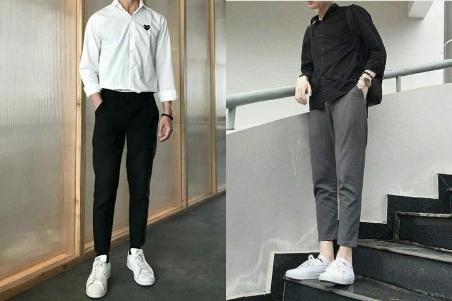 Trẻ trung với outfit quần baggy, áo sơ mi vải bóng