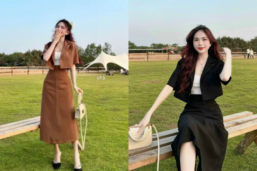 Áo khoác croptop nữ mix cùng chân váy midi